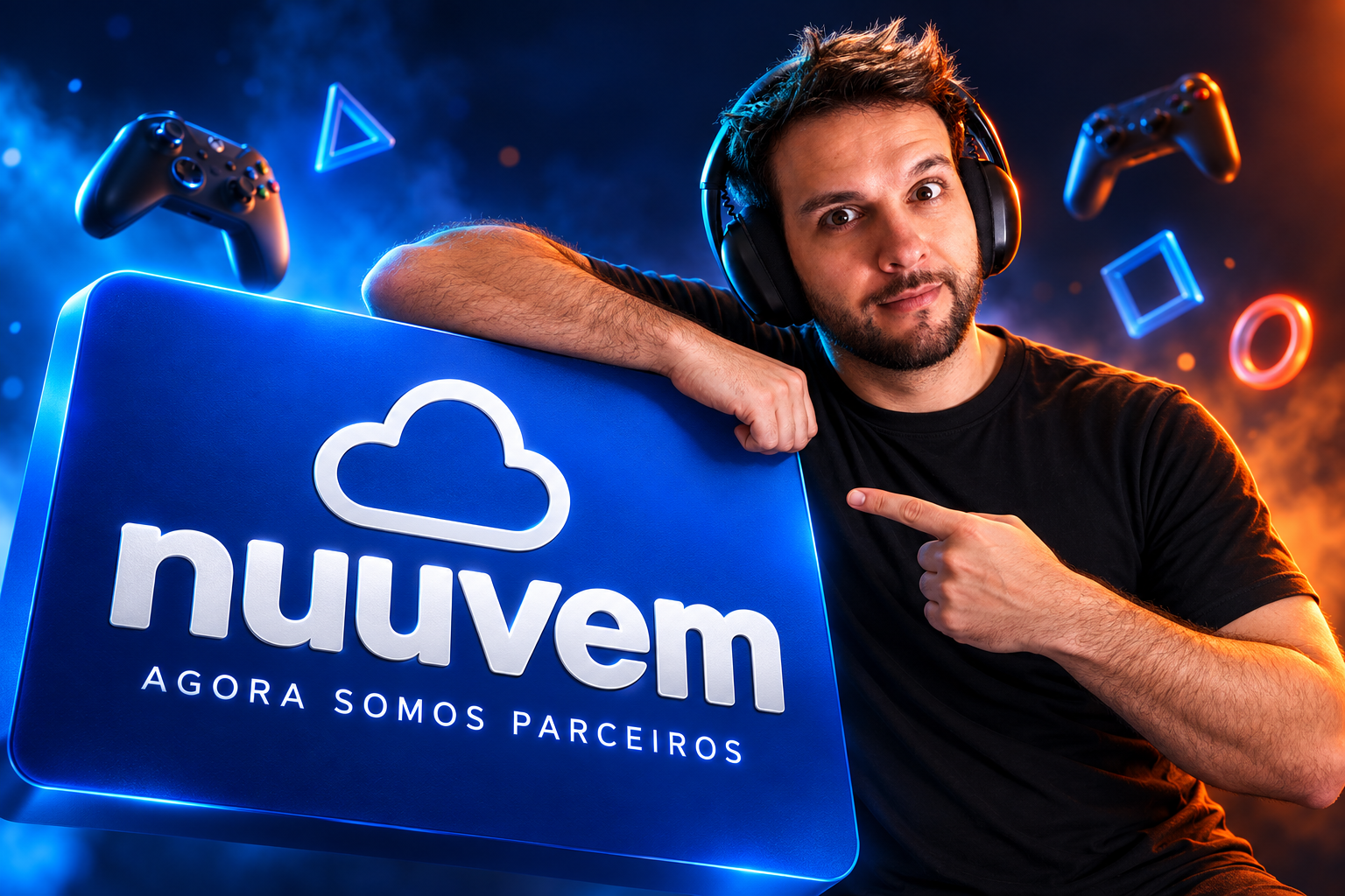 Flipenho apoiado em um painel da Nuuvem, apontando para o anúncio da nova parceria